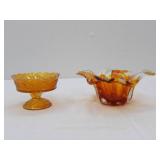 Vintage Fenton Marigold Carnival Glass Iridescent Compote DIsh; Art Glass Transparent Orange Hand-Blown Bowl