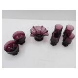 Amethyst Handkerchief Bowl, Tiffin Fransciscan Madeira Amethyst Purple Plum Footed Sherbet Glasses, and Glasses