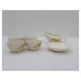 Vintage Golden Wheat Pattern Gravy Boat, Plate & 4 Mugs