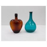 Vintage Brown Heart Shaped Liquor Bottle; Teal Glass Vase