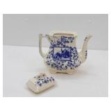 Antique English Ironstone Teapot with Blue and White Transferware 