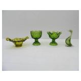Vintage Italian Olive Green Art Glass Candy Dish Bowl, Vintage L.E. Smith Moon & Stars Green Glass Pedestal Compote Dishes 2ct, and Glass Goose