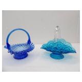 L.E. Smith Blue Moon and Stars Basket, Blue Glass Hand-Blown Brides Basket