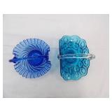 L.E. Smith Blue Moon and Stars Basket, Blue Glass Hand-Blown Brides Basket