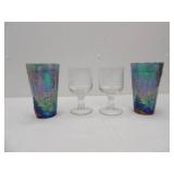 Vintage Blue Carnival Glass Tumblers, Tuscany Etched Crystal Clipper Ship Stemmed Glasses