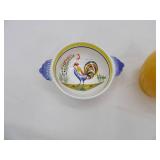 Quimper France Hand-Painted Rooster Bowl; Rooster Lidded Jar