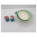 Pioneer Woman Colander Set and Ceramic Salt and Pepper Shakers