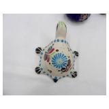 Mexican Folk Art Tonala Turtle, 1960s Vintage Carousel Pattern Pink and White Cup, Vintage Cobalt Blue Ceramic Creamer and Small Pitcher