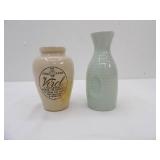 Antique Stoneware Jar of Virola & Mint Green Ribbed Glass Jug