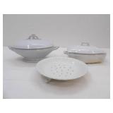 Vintage Semi Porcelain Footed Strainer Plate, Johnson Bros England Covered Casserole, Royal Ironstone Casserole