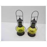 Pair of Decorative Metal and Green Glass Lanterns. (battery operated fairy lights inside) 14" tall