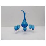 Blue Glass Decanter with 5 glasses