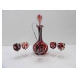 Hand Blown Art Glass Decanter and Matching Cordial Glasses