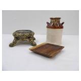 Cast Metal Lamp Base, Wood Plate, Stoneware Milk Jug w/brown drip glaze