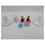 Vintage Fenton White Silver Crest Spanish Lace Violet Snow Hand-Painted Candlestick Holders, Fenton "Violets in the Snow" Vase