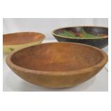 Set of 3 Primitive Wooden Dough Bowls, Hand-Painted Designs