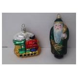 2 Christmas Glass Ornaments: Santa Figure & Train