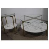 Modern Glass and Faux Marble Round Coffee Table and Side Table Set