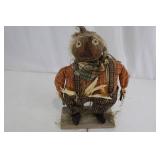 Scarecrow Figure - Handmade Burlap-Head Doll, Orange Plaid Shirt, Brown Plaid Pants with Suspenders