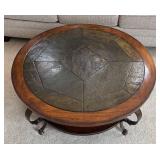 FR - Round Coffee Table with Slate Tile Top and Metal Accents