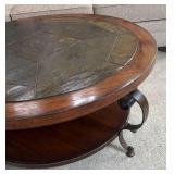 FR - Round Coffee Table with Slate Tile Top and Metal Accents