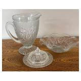 DR - Vintage Iris and Herringbone Glass Pitcher, Covered Dish and Bowl