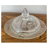 DR - Vintage Iris and Herringbone Glass Pitcher, Covered Dish and Bowl