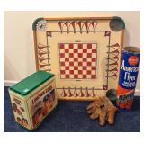 LL  - Vintage Game and Toy Collection with Carrom Board, Lincoln Logs, Baseball Glove and American Flyer Trestle Set