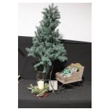 Holiday Decor Lot with Artificial Tree, Sleigh, Ornaments, and Candle Display