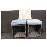 Pair of Wicker Patio Ottomans with Cushions and Decorative Pillow