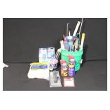 Bucket of Home Improvement Supplies with Caulk, Rollers, and Tools