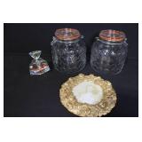 Set of 2 Glass Storage Jars, Crystal Perfume Bottle, and Ornate Picture Frame