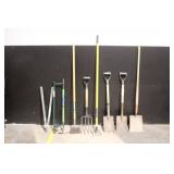 Lot of 8 Yard Tools Including Shovels, Forks, and Loppers