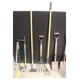Lot of 8 Yard Tools Including Shovels, Forks, and Loppers