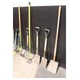 Lot of 8 Yard Tools Including Shovels, Forks, and Loppers