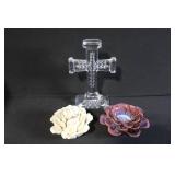 Crystal Cross and Two Ceramic Flower Decor Figurines