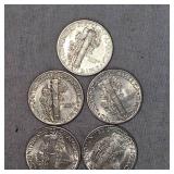 Lot of 5 XF Mercury Silver Dimes, 10c