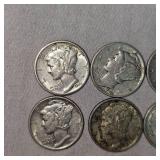 Lot of 10 Mercury Silver Dimes, 10c