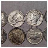 Lot of 10 Mercury Silver Dimes, 10c