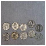 Lot of 10 Mercury Silver Dimes, 10c
