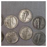 Lot of 10 Mercury Silver Dimes, 10c
