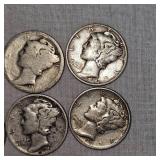Lot of 10 Mercury Silver Dimes, 10c