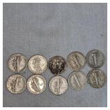 Lot of 10 Mercury Silver Dimes, 10c