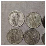 Lot of 10 Mercury Silver Dimes, 10c