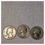 (3) Washington Silver Quarters, 25c