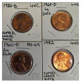 1982-D UNC Copper Large Date, 1960-D UNC Large Date, 1960-D MS-64, and a Small Date Lincoln cent