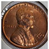 1982-D UNC Copper Large Date, 1960-D UNC Large Date, 1960-D MS-64, and a Small Date Lincoln cent