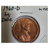 1982-D UNC Copper Large Date, 1960-D UNC Large Date, 1960-D MS-64, and a Small Date Lincoln cent