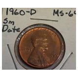 1982-D UNC Copper Large Date, 1960-D UNC Large Date, 1960-D MS-64, and a Small Date Lincoln cent