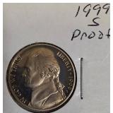 1996-S, 1997-S, 1998-S, and 1999-S Jefferson Nickel Proof Clad.